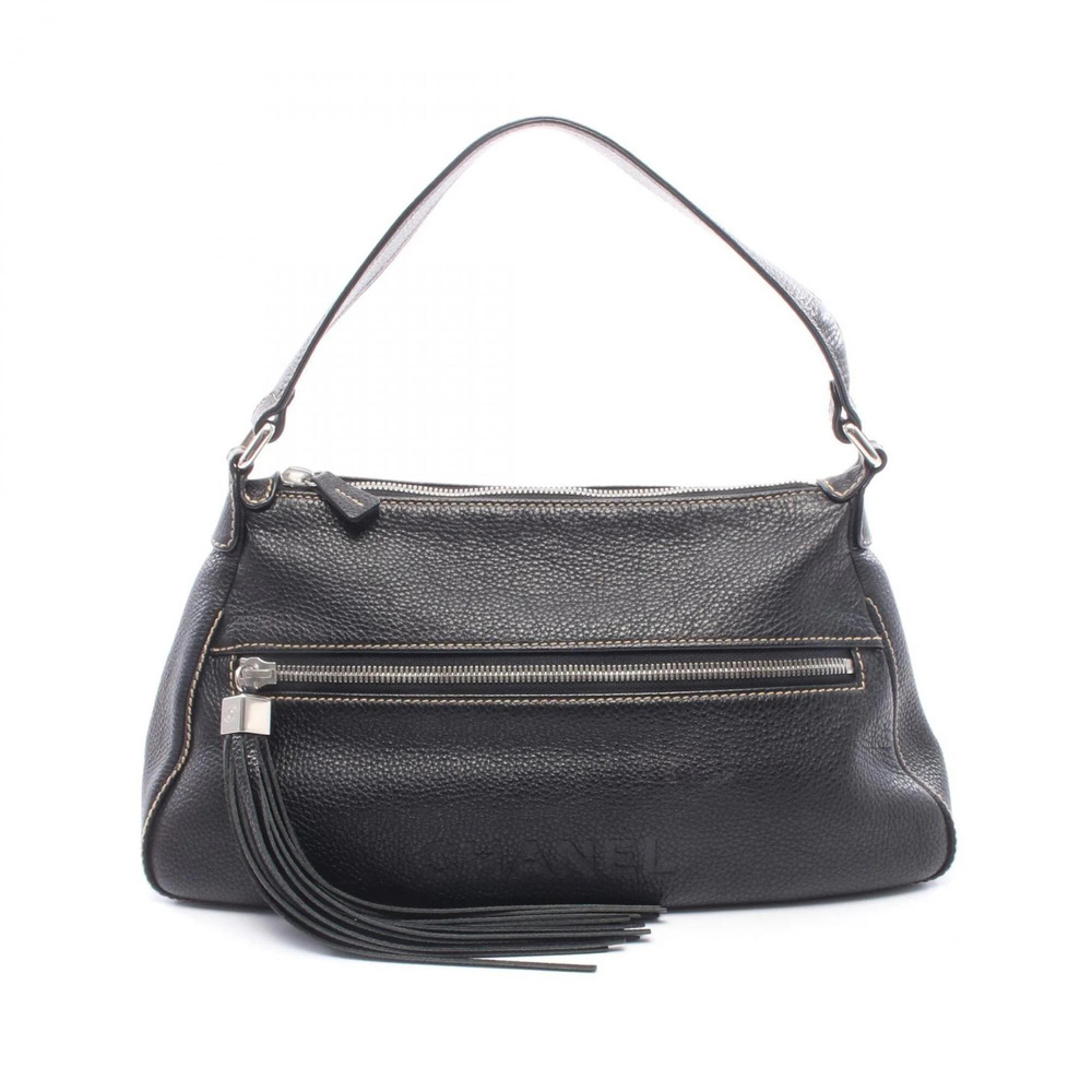Chanel logo fringe shoulder bag/handbag, leather, women's, black.